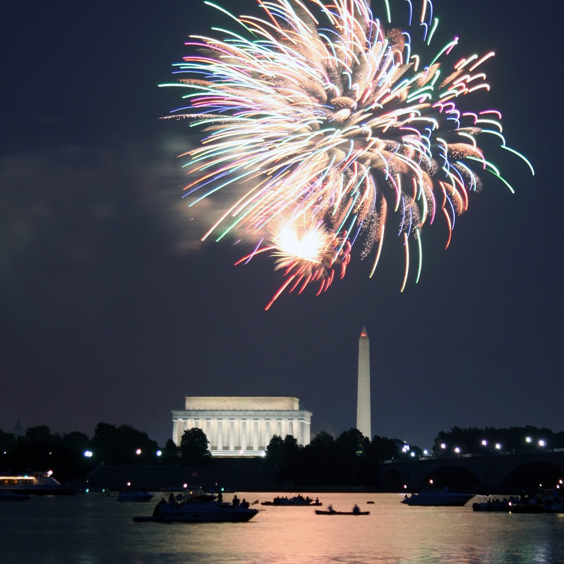 Fireworks over Washington D.C. with Lincoln Memorial and Washington Monument at night.